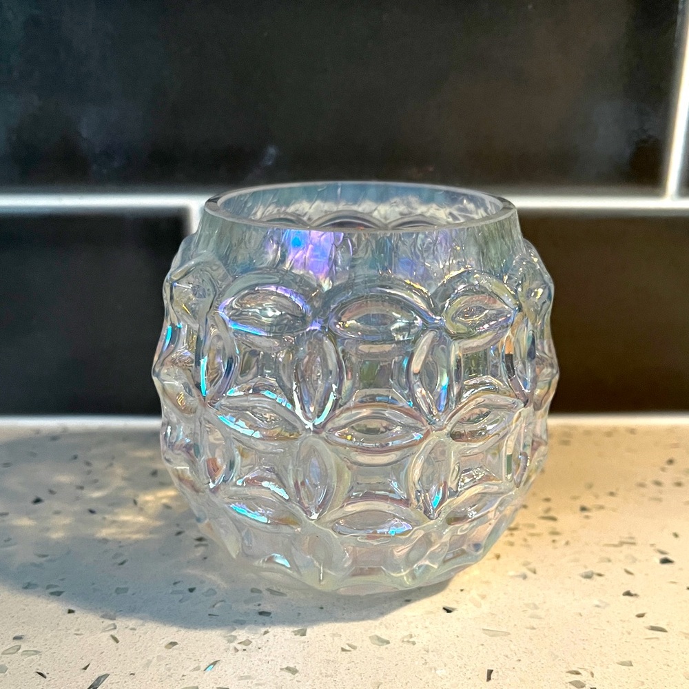 Glass Eye Studio Basket Clear Iridescent Votive Candle Holder Handmade EUC
